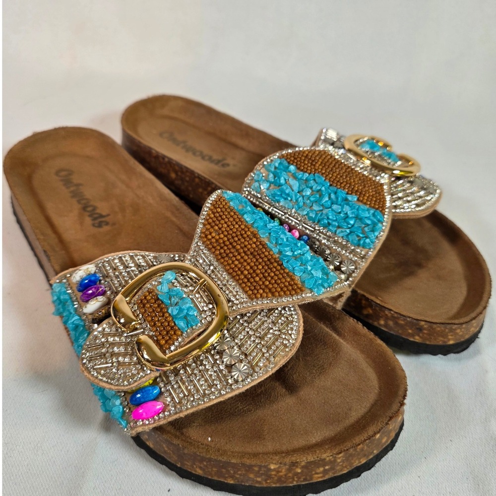 Outwoods Beaded Turquoise Rhinestone Slide Sandals Womens 9 Boho Cork Footbed